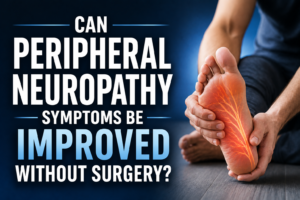 Person holding sore foot with text: “Can Peripheral Neuropathy Symptoms Be Improved Without Surgery?”