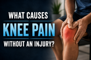 Person holding a sore knee next to the text “WHAT CAUSES KNEE PAIN WITHOUT AN INJURY?”