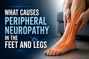 Text: WHAT CAUSES PERIPHERAL NEUROPATHY in the feet and legs, with a person holding a painful foot