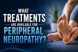Hands holding an ankle with text: “What Treatments Are Available for Peripheral Neuropathy?”