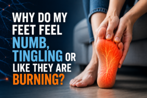 Person holding a foot with visible red irritation, with text about tingling or burning sensation